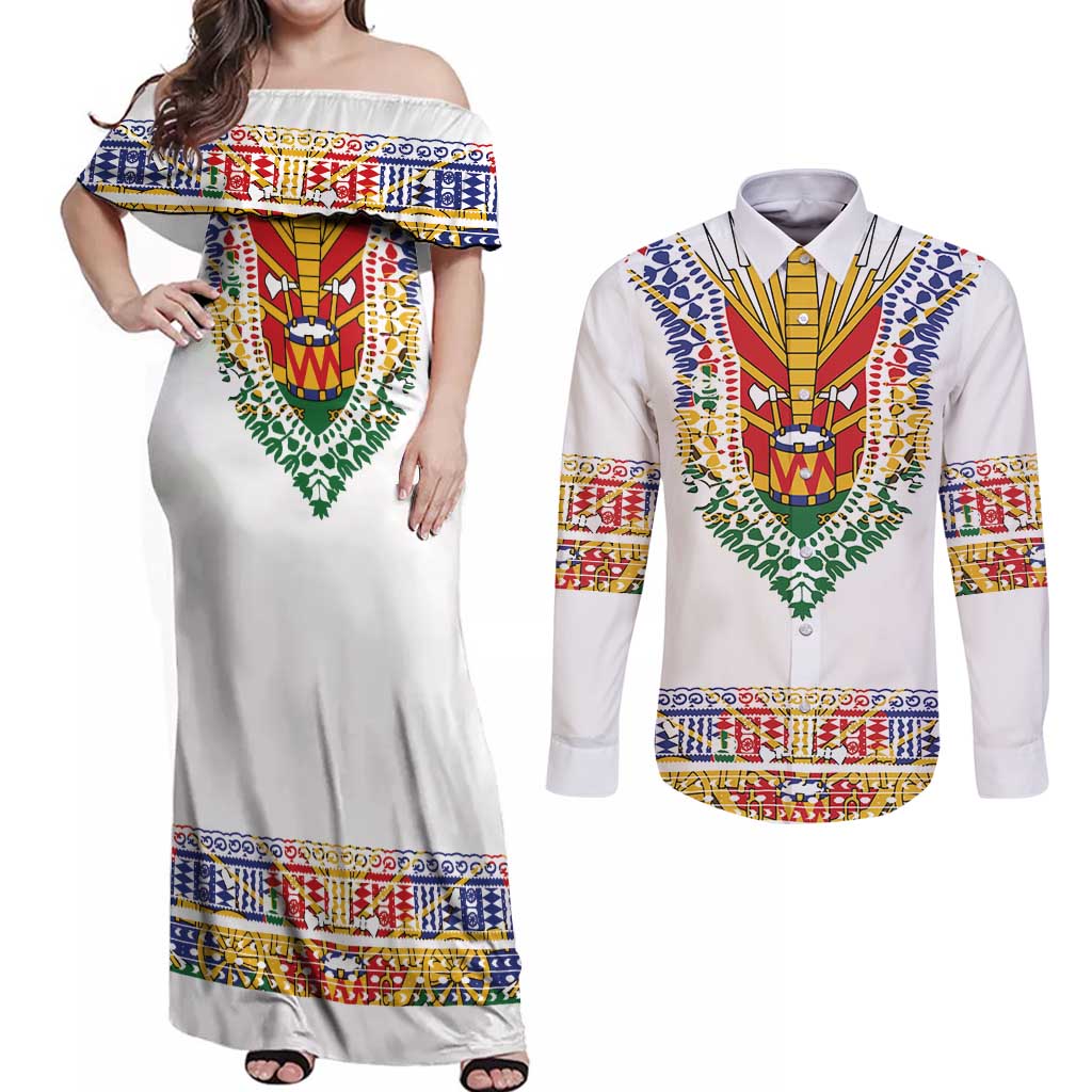 Haiti Flag Traditional Dashiki Couples Matching Off Shoulder Maxi Dress and Long Sleeve Button Shirt White Color - Polynesian Pride