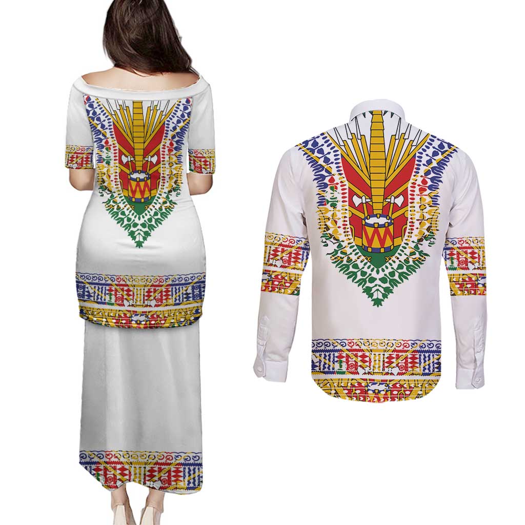 Haiti Flag Traditional Dashiki Couples Matching Puletasi and Long Sleeve Button Shirt White Color LT03 - Polynesian Pride