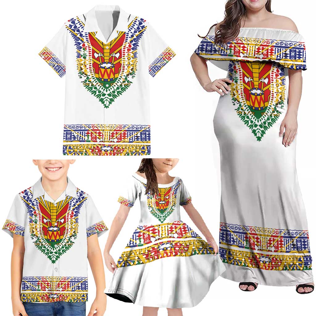 Haiti Flag Traditional Dashiki Family Matching Off Shoulder Maxi Dress and Hawaiian Shirt White Color LT03 - Polynesian Pride