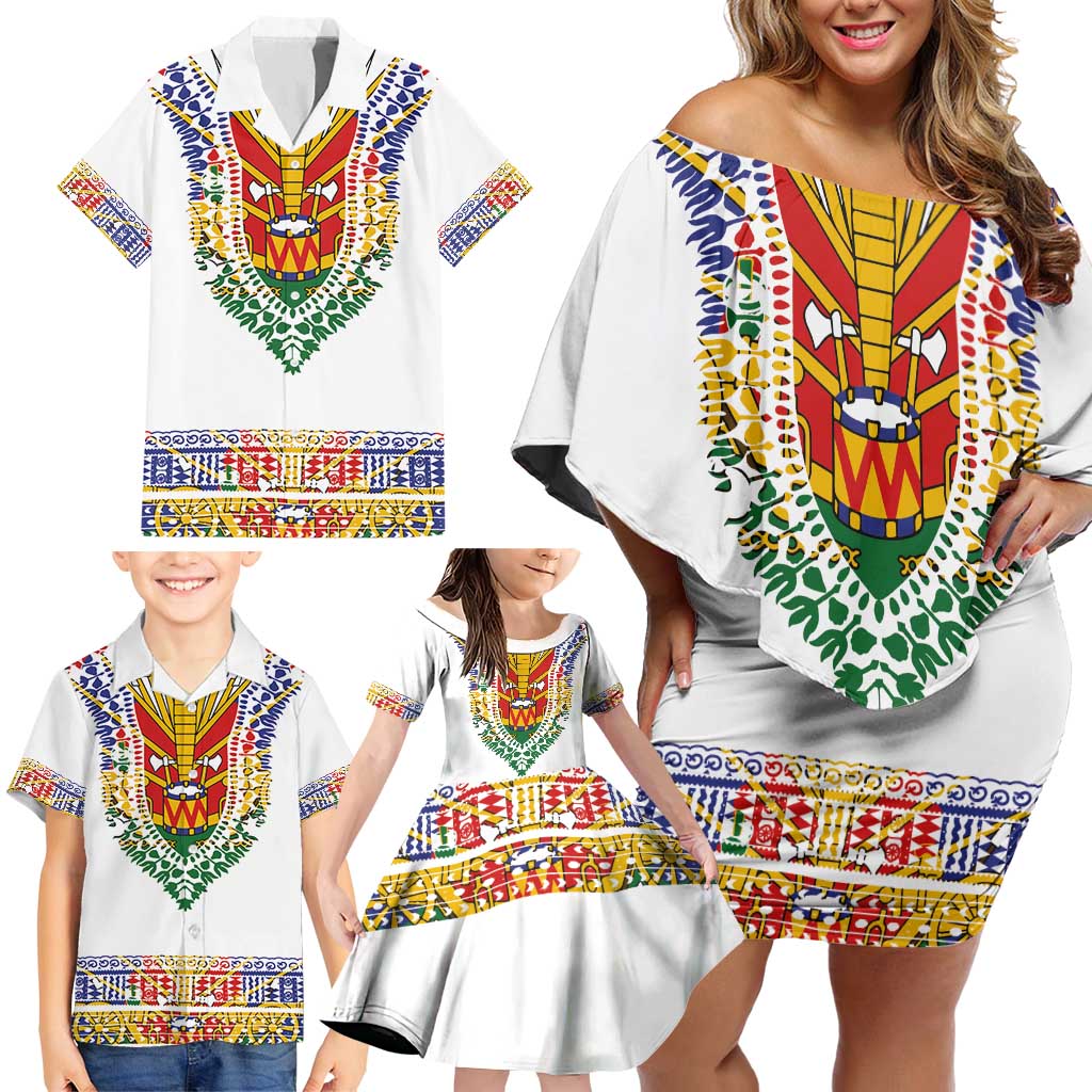 Haiti Flag Traditional Dashiki Family Matching Off Shoulder Short Dress and Hawaiian Shirt White Color LT03 - Polynesian Pride