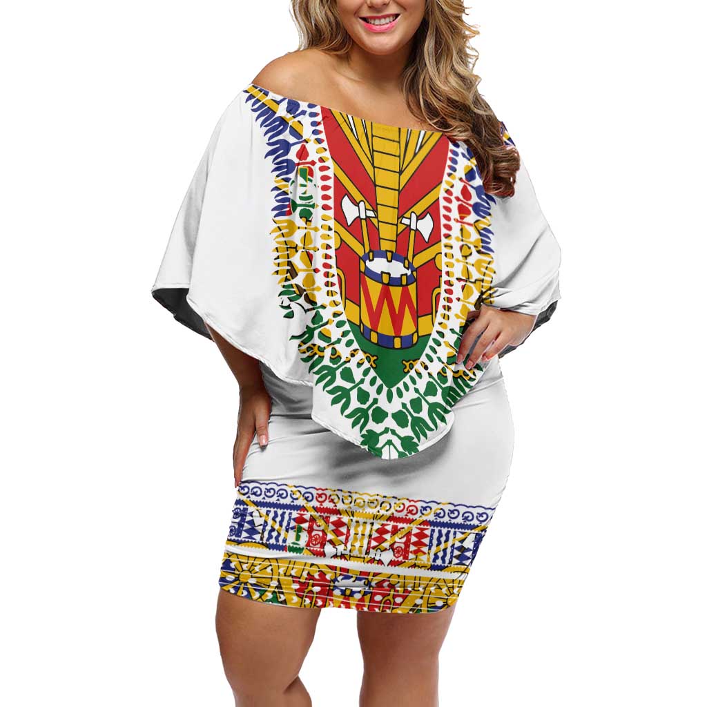 Haiti Flag Traditional Dashiki Family Matching Off Shoulder Short Dress and Hawaiian Shirt White Color LT03 Mom's Dress White - Polynesian Pride