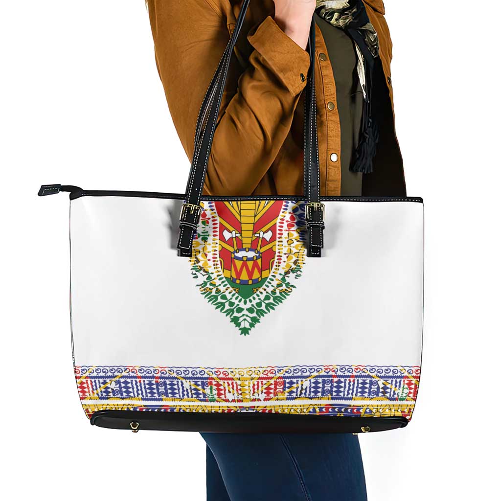 Haiti Flag Traditional Dashiki Leather Tote Bag White Color LT03 - Polynesian Pride