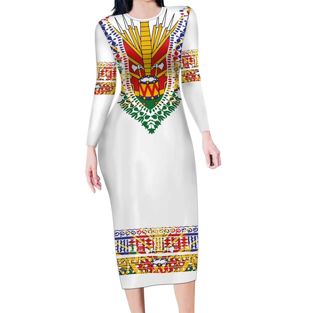 Haiti Flag Traditional Dashiki Long Sleeve Bodycon Dress White Color LT03 Long Dress White - Polynesian Pride