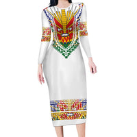 Haiti Flag Traditional Dashiki Long Sleeve Bodycon Dress White Color LT03 Long Dress White - Polynesian Pride