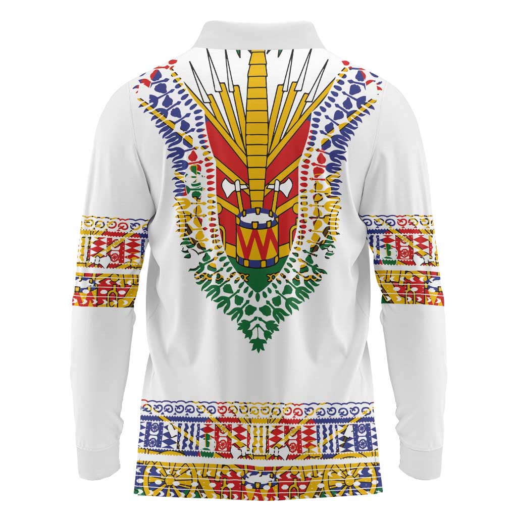 Haiti Flag Traditional Dashiki Long Sleeve Polo Shirt White Color - Polynesian Pride