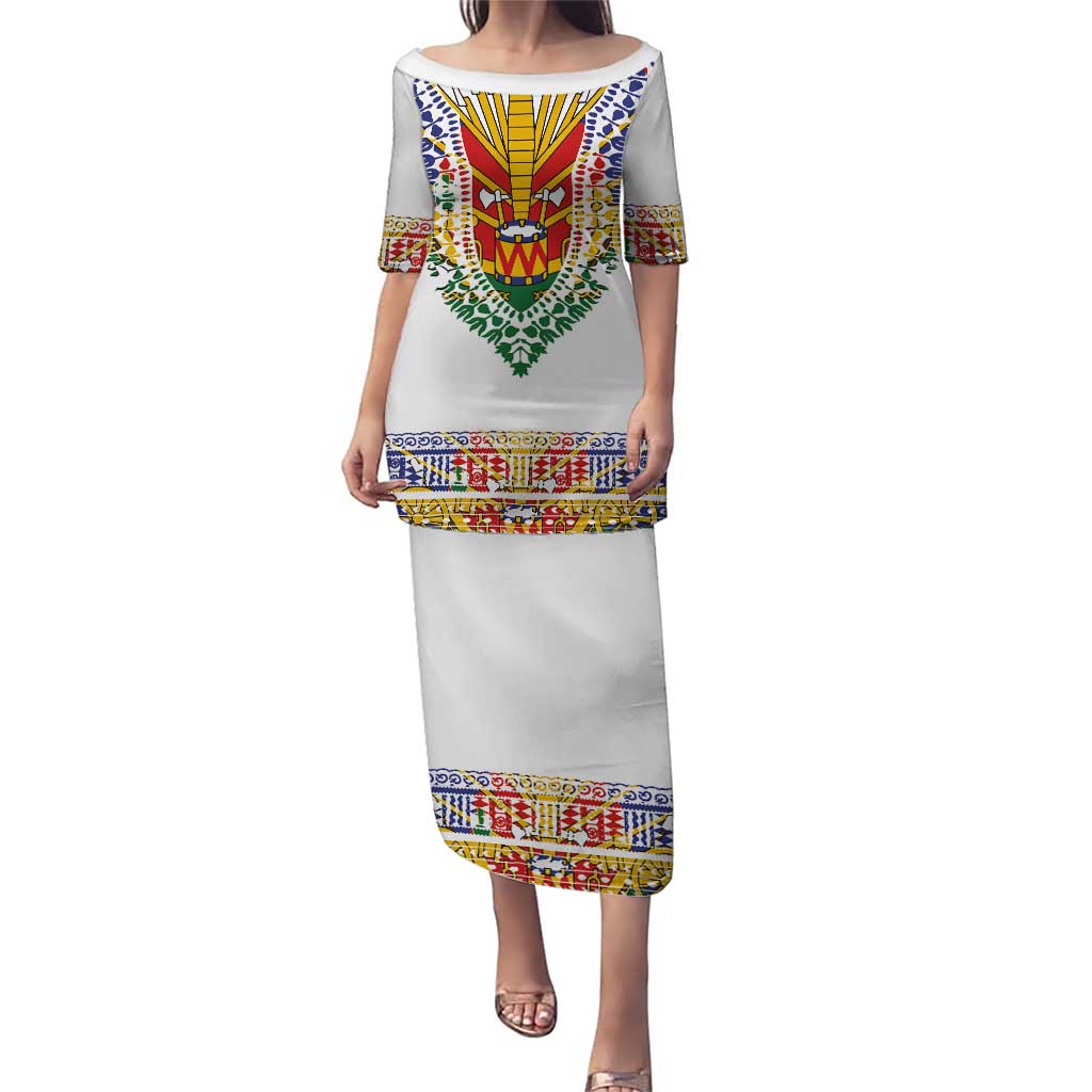 Haiti Flag Traditional Dashiki Puletasi White Color LT03 Long Dress White - Polynesian Pride