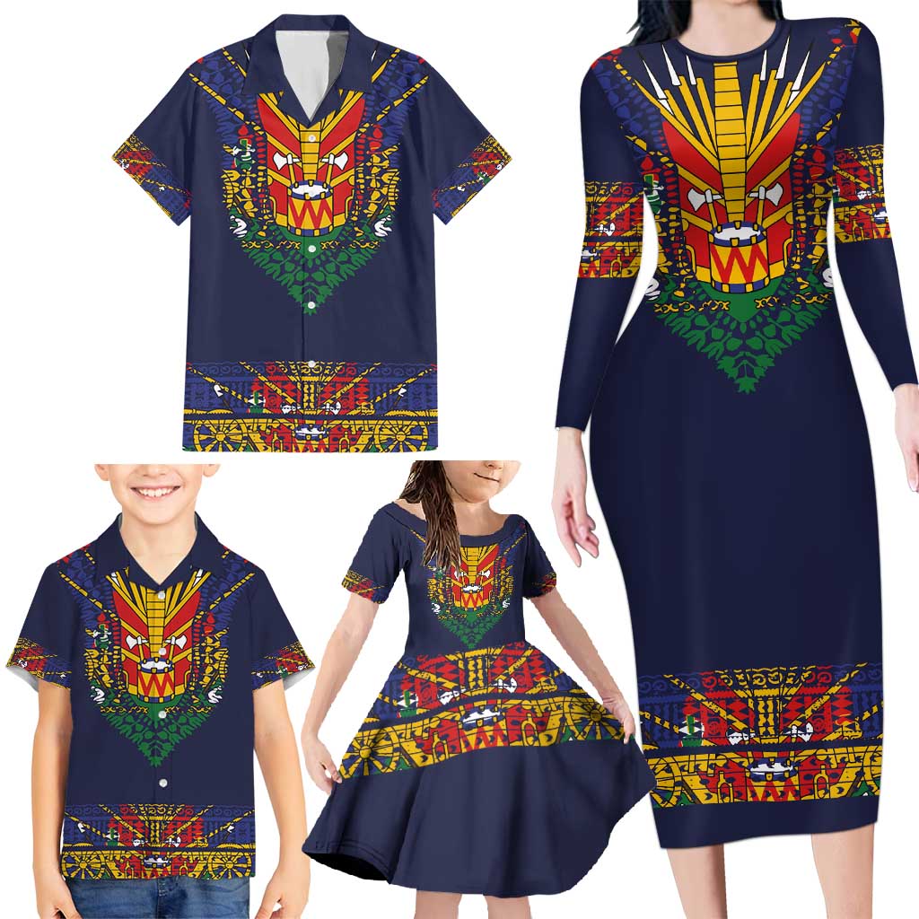 Haiti Flag Traditional Dashiki Family Matching Long Sleeve Bodycon Dress and Hawaiian Shirt Black Color LT03 - Polynesian Pride