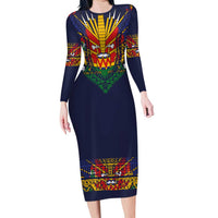 Haiti Flag Traditional Dashiki Family Matching Long Sleeve Bodycon Dress and Hawaiian Shirt Black Color LT03 Mom's Dress Black - Polynesian Pride