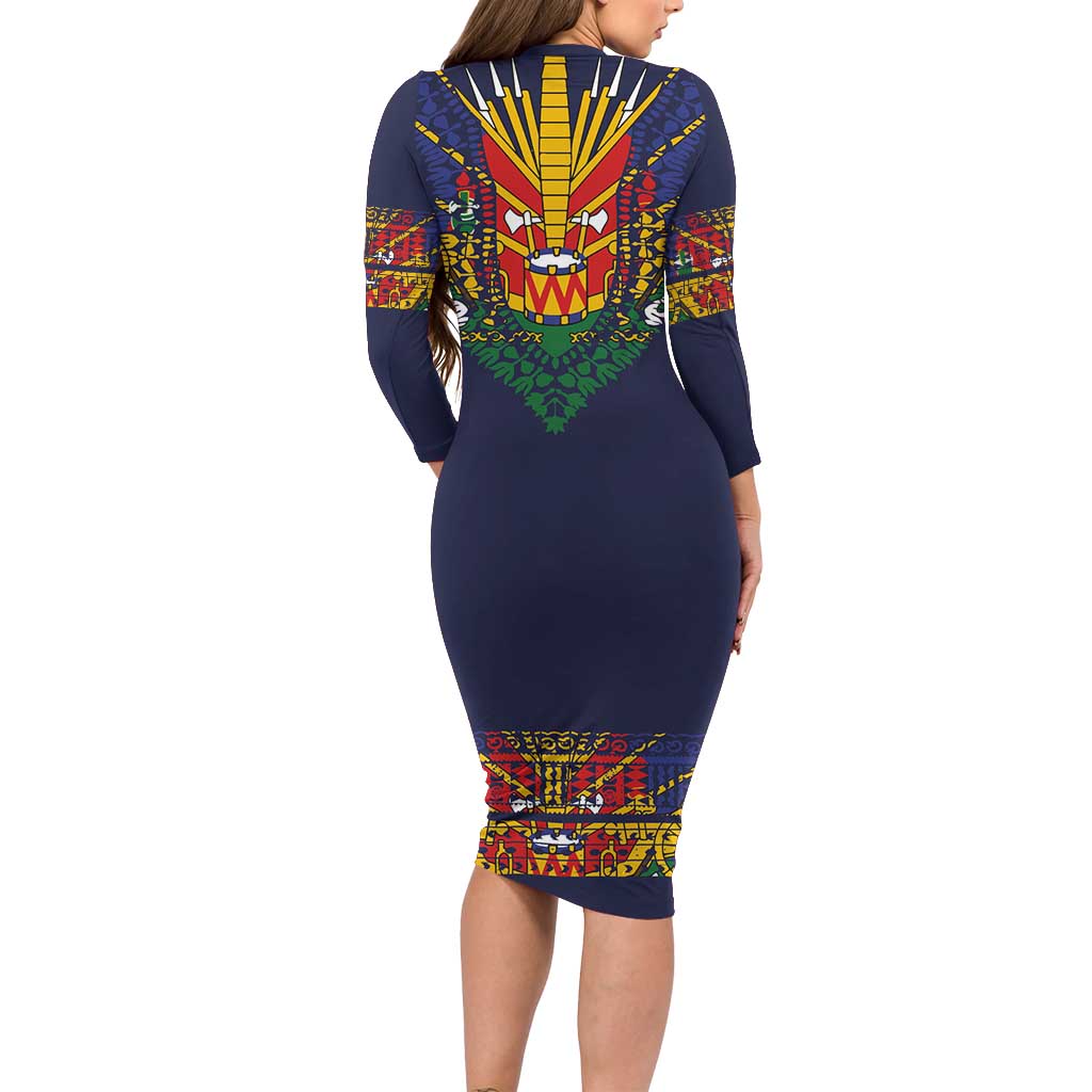 Haiti Flag Traditional Dashiki Family Matching Long Sleeve Bodycon Dress and Hawaiian Shirt Black Color LT03 - Polynesian Pride