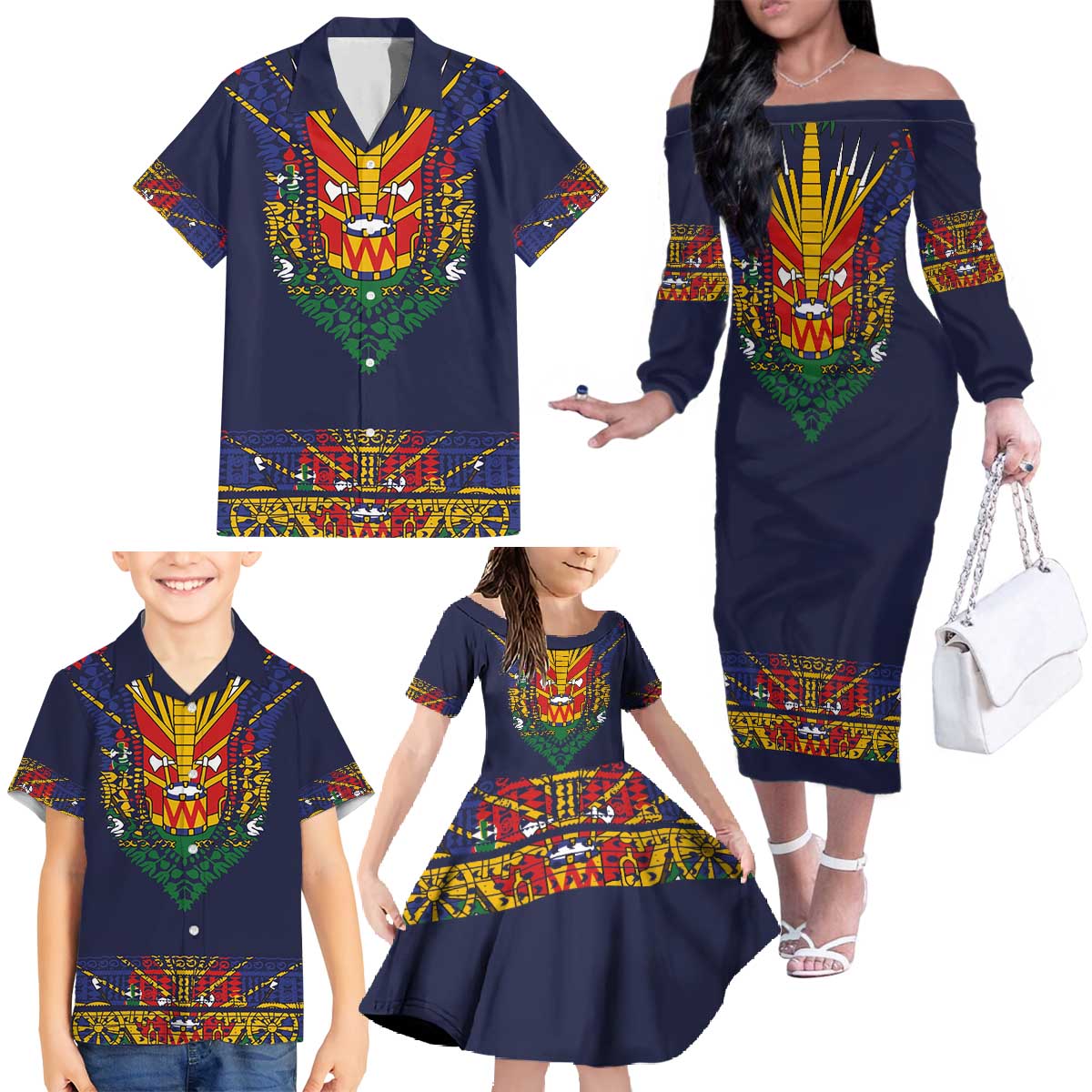 Haiti Flag Traditional Dashiki Family Matching Off The Shoulder Long Sleeve Dress and Hawaiian Shirt Black Color LT03 - Polynesian Pride