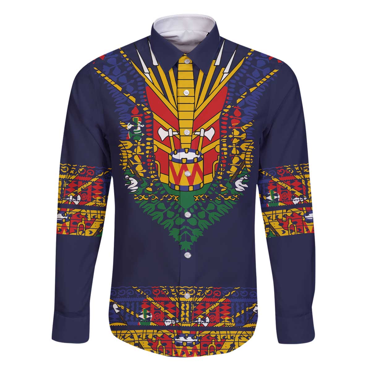 Haiti Flag Traditional Dashiki Family Matching Off The Shoulder Long Sleeve Dress and Hawaiian Shirt Black Color LT03 Dad's Shirt - Long Sleeve Black - Polynesian Pride