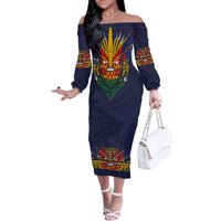 Haiti Flag Traditional Dashiki Family Matching Off The Shoulder Long Sleeve Dress and Hawaiian Shirt Black Color LT03 Mom's Dress Black - Polynesian Pride