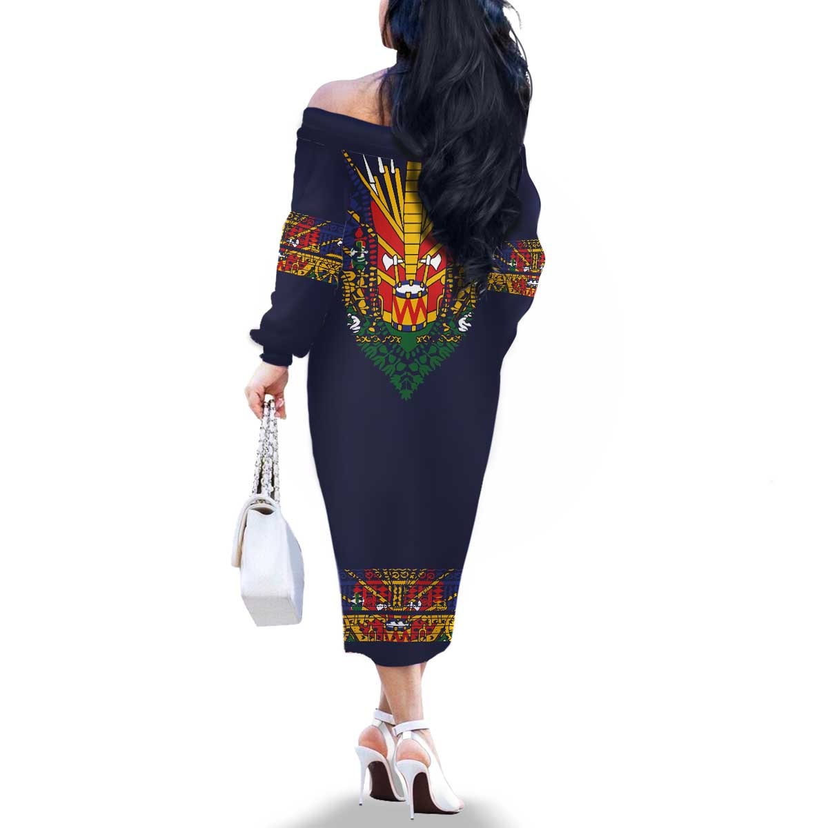 Haiti Flag Traditional Dashiki Family Matching Off The Shoulder Long Sleeve Dress and Hawaiian Shirt Black Color LT03 - Polynesian Pride