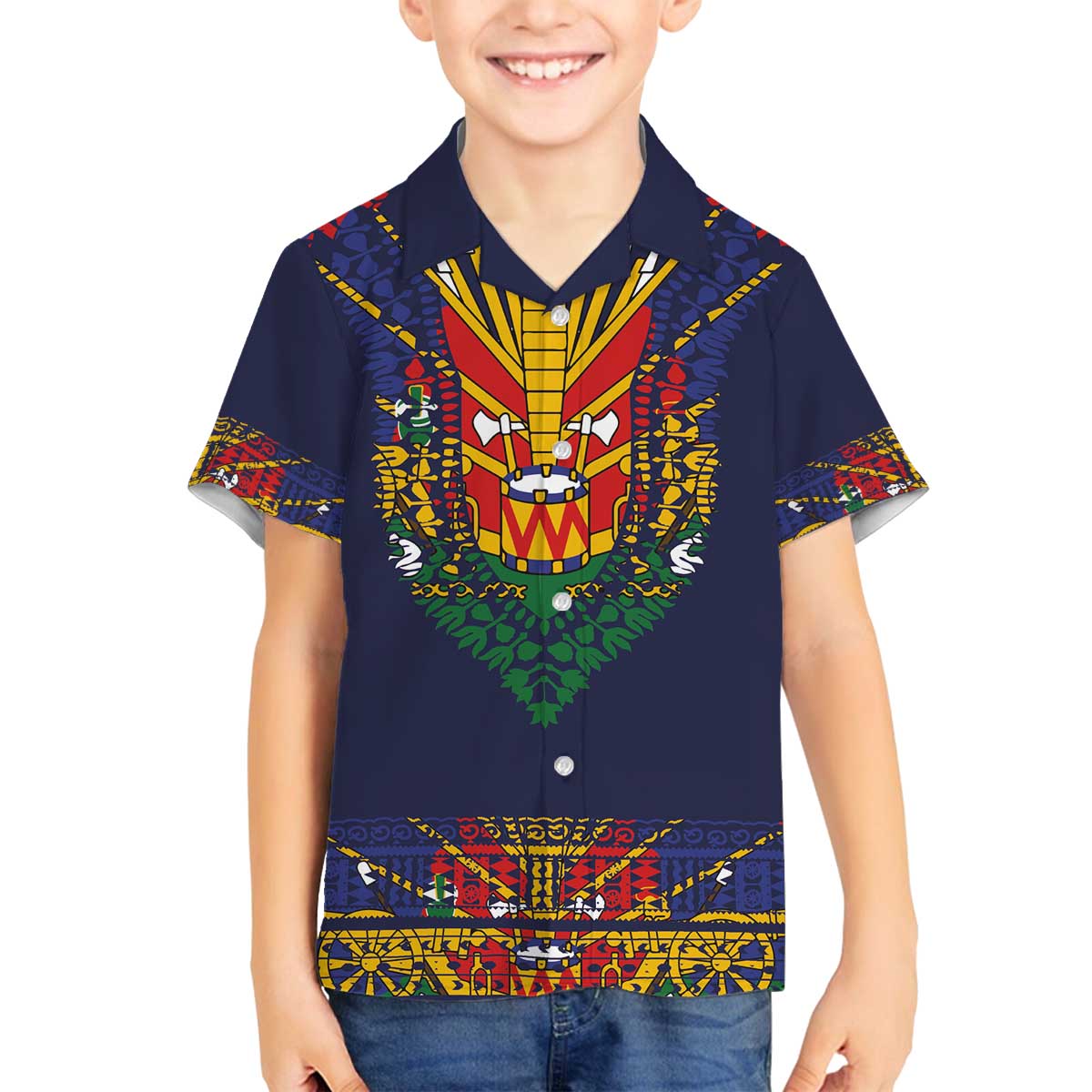 Haiti Flag Traditional Dashiki Family Matching Off The Shoulder Long Sleeve Dress and Hawaiian Shirt Black Color LT03 Son's Shirt Black - Polynesian Pride
