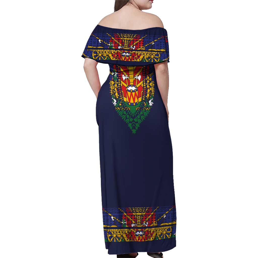 Haiti Flag Traditional Dashiki Family Matching Off Shoulder Maxi Dress and Hawaiian Shirt Black Color LT03 - Polynesian Pride