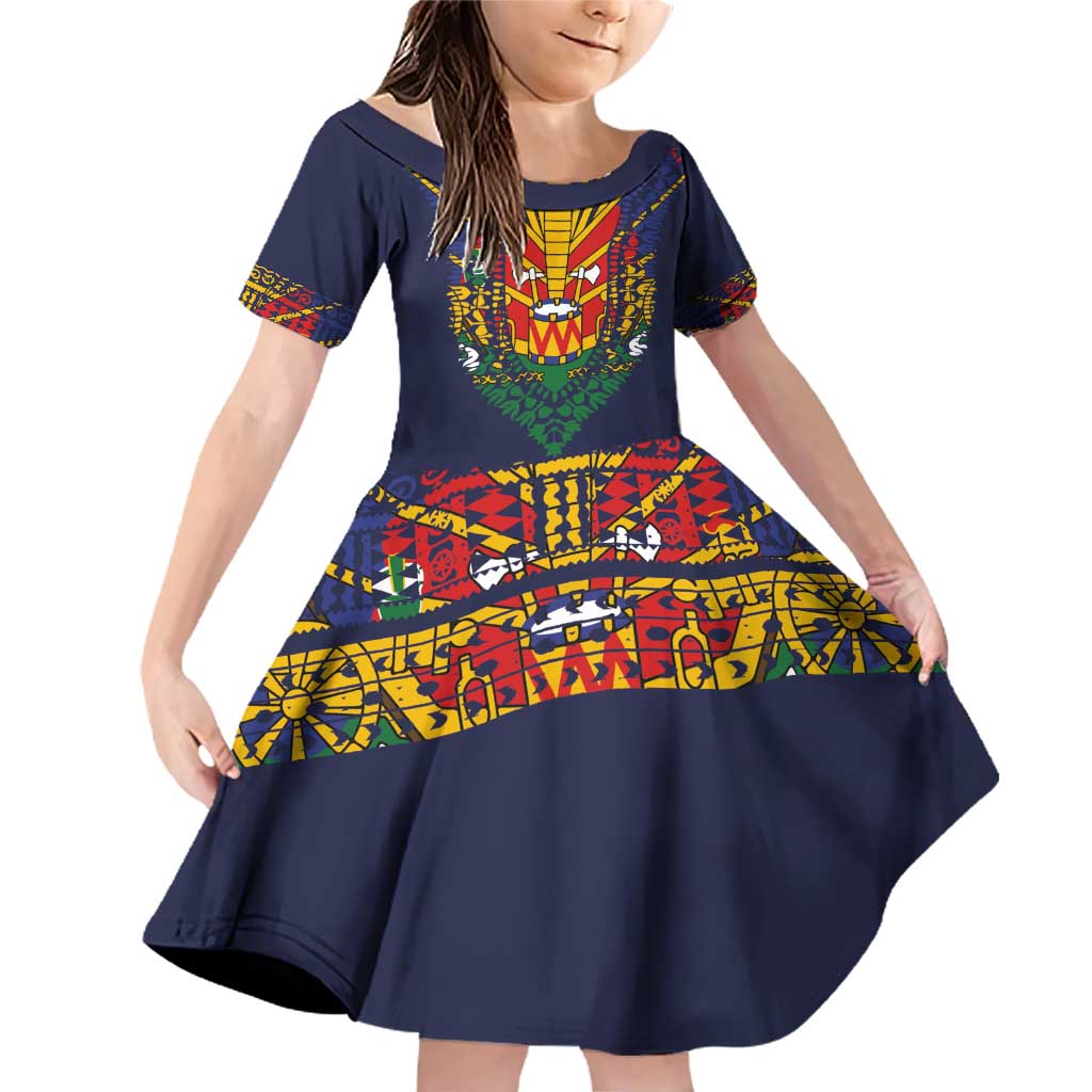 Haiti Flag Traditional Dashiki Family Matching Off Shoulder Short Dress and Hawaiian Shirt Black Color LT03 Daughter's Dress Black - Polynesian Pride