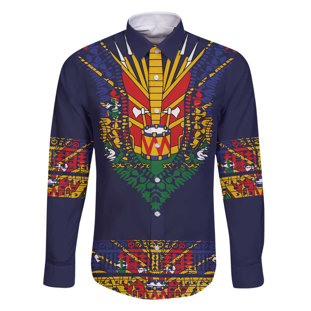 Haiti Flag Traditional Dashiki Family Matching Off Shoulder Short Dress and Hawaiian Shirt Black Color LT03 Dad's Shirt - Long Sleeve Black - Polynesian Pride