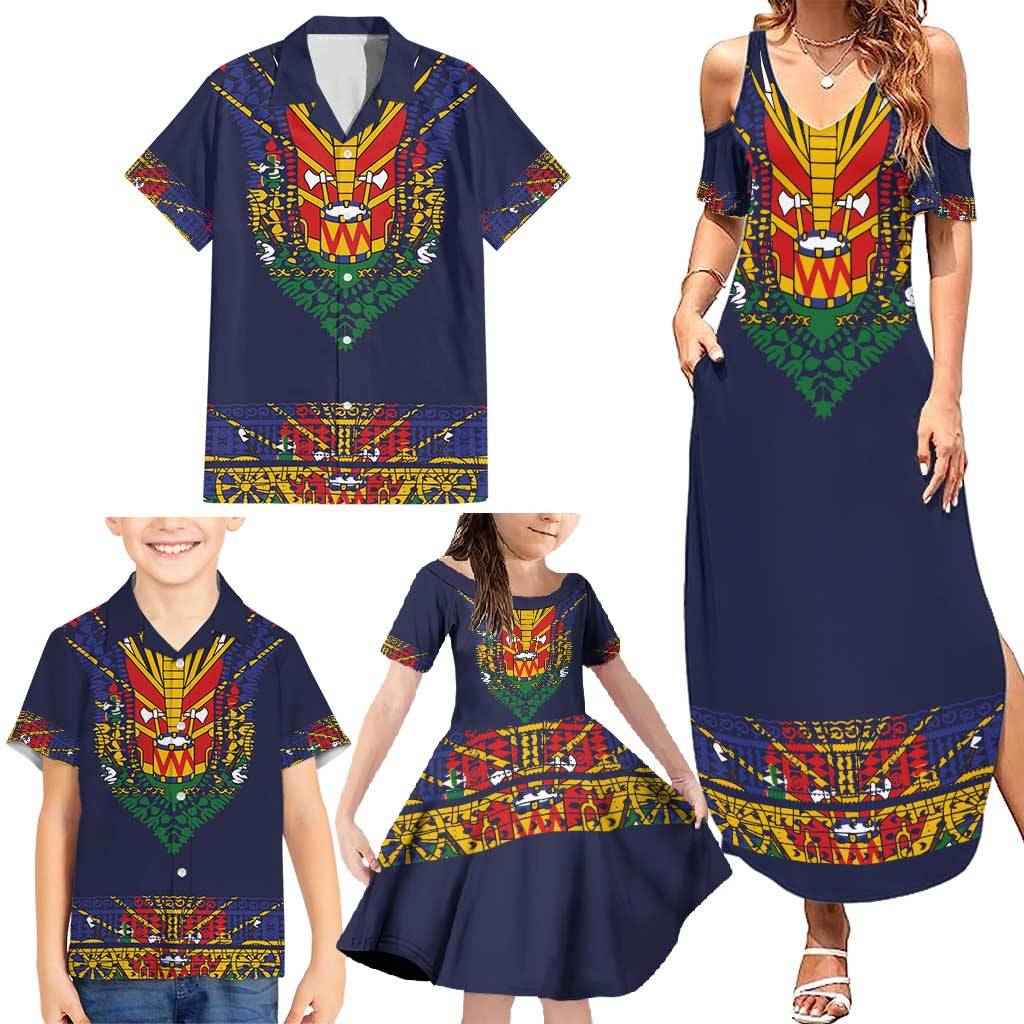 Haiti Flag Traditional Dashiki Family Matching Summer Maxi Dress and Hawaiian Shirt Black Color LT03 - Polynesian Pride