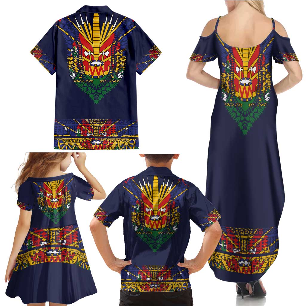 Haiti Flag Traditional Dashiki Family Matching Summer Maxi Dress and Hawaiian Shirt Black Color LT03 - Polynesian Pride