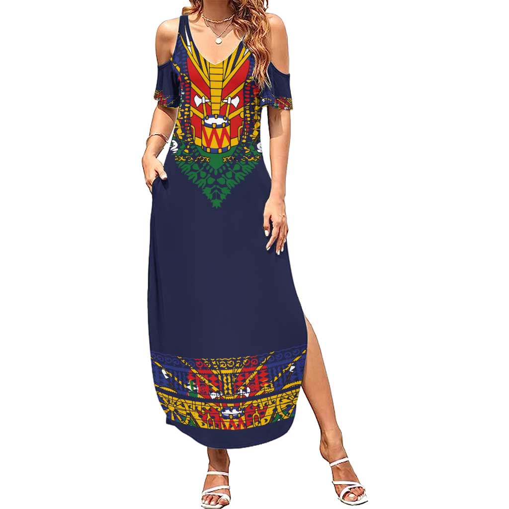 Haiti Flag Traditional Dashiki Family Matching Summer Maxi Dress and Hawaiian Shirt Black Color LT03 Mom's Dress Black - Polynesian Pride