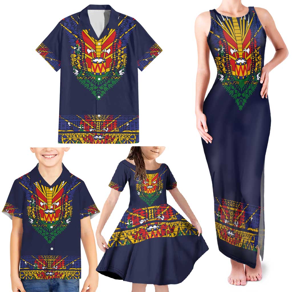 Haiti Flag Traditional Dashiki Family Matching Tank Maxi Dress and Hawaiian Shirt Black Color LT03 - Polynesian Pride
