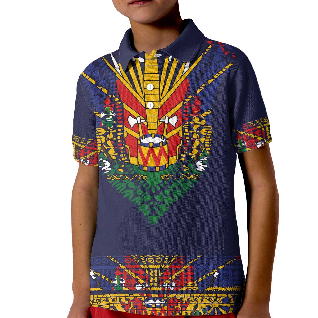 Haiti Flag Traditional Dashiki Kid Polo Shirt Black Color - Polynesian Pride