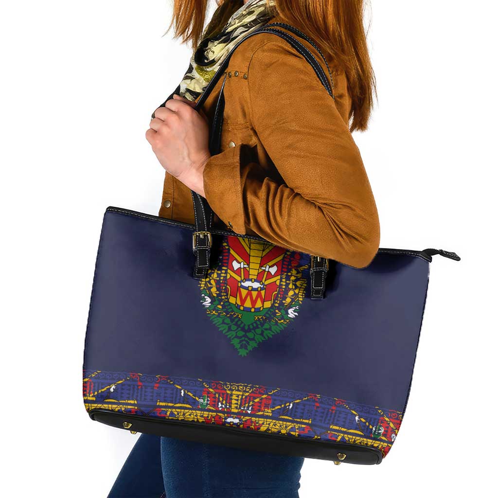 Haiti Flag Traditional Dashiki Leather Tote Bag Black Color - Polynesian Pride