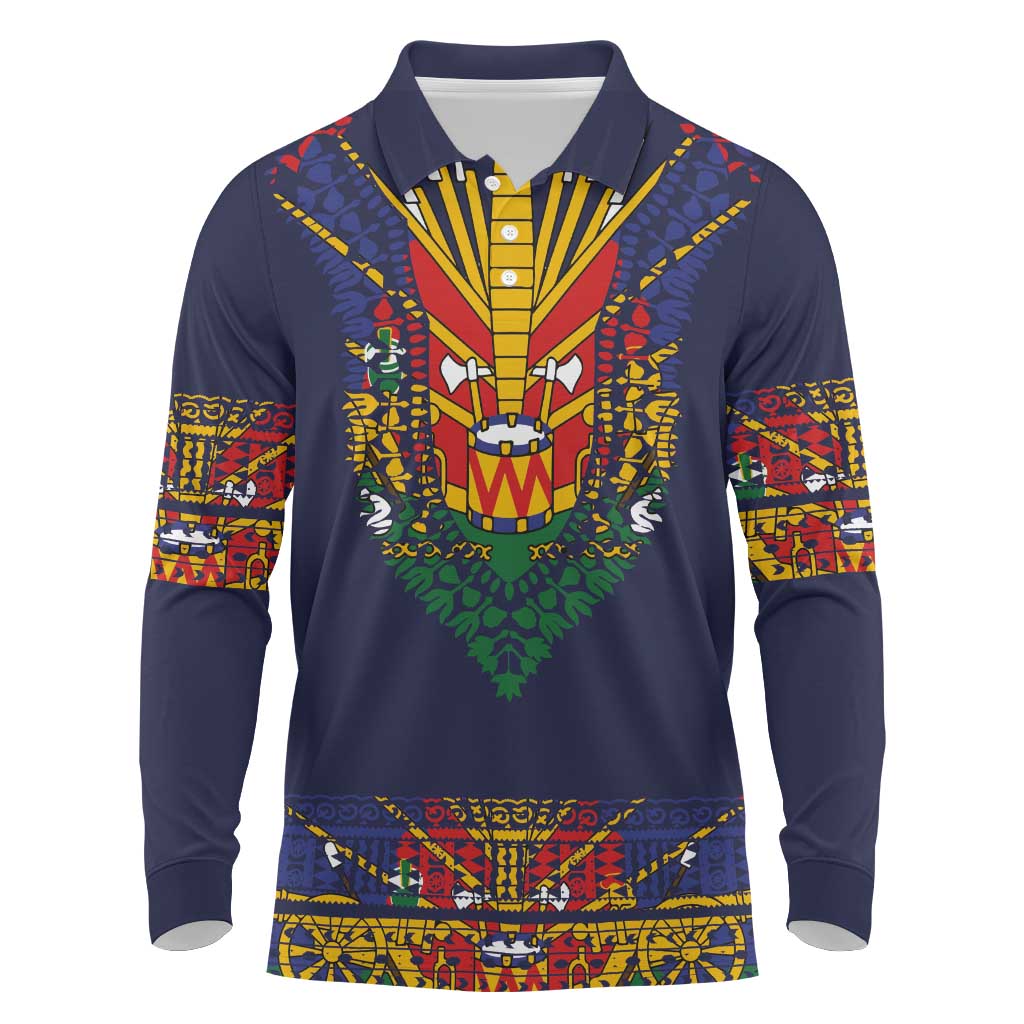 Haiti Flag Traditional Dashiki Long Sleeve Polo Shirt Black Color - Polynesian Pride