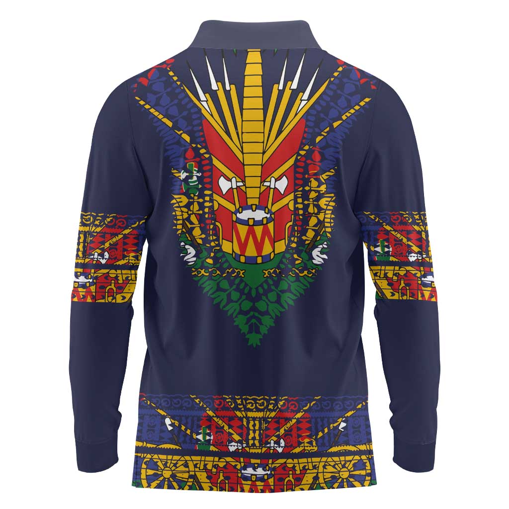 Haiti Flag Traditional Dashiki Long Sleeve Polo Shirt Black Color - Polynesian Pride