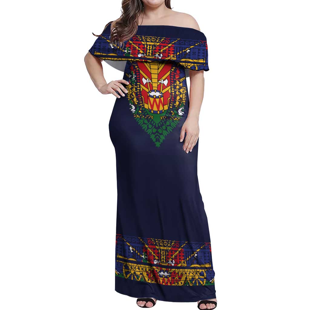 Haiti Flag Traditional Dashiki Off Shoulder Maxi Dress Black Color - Polynesian Pride