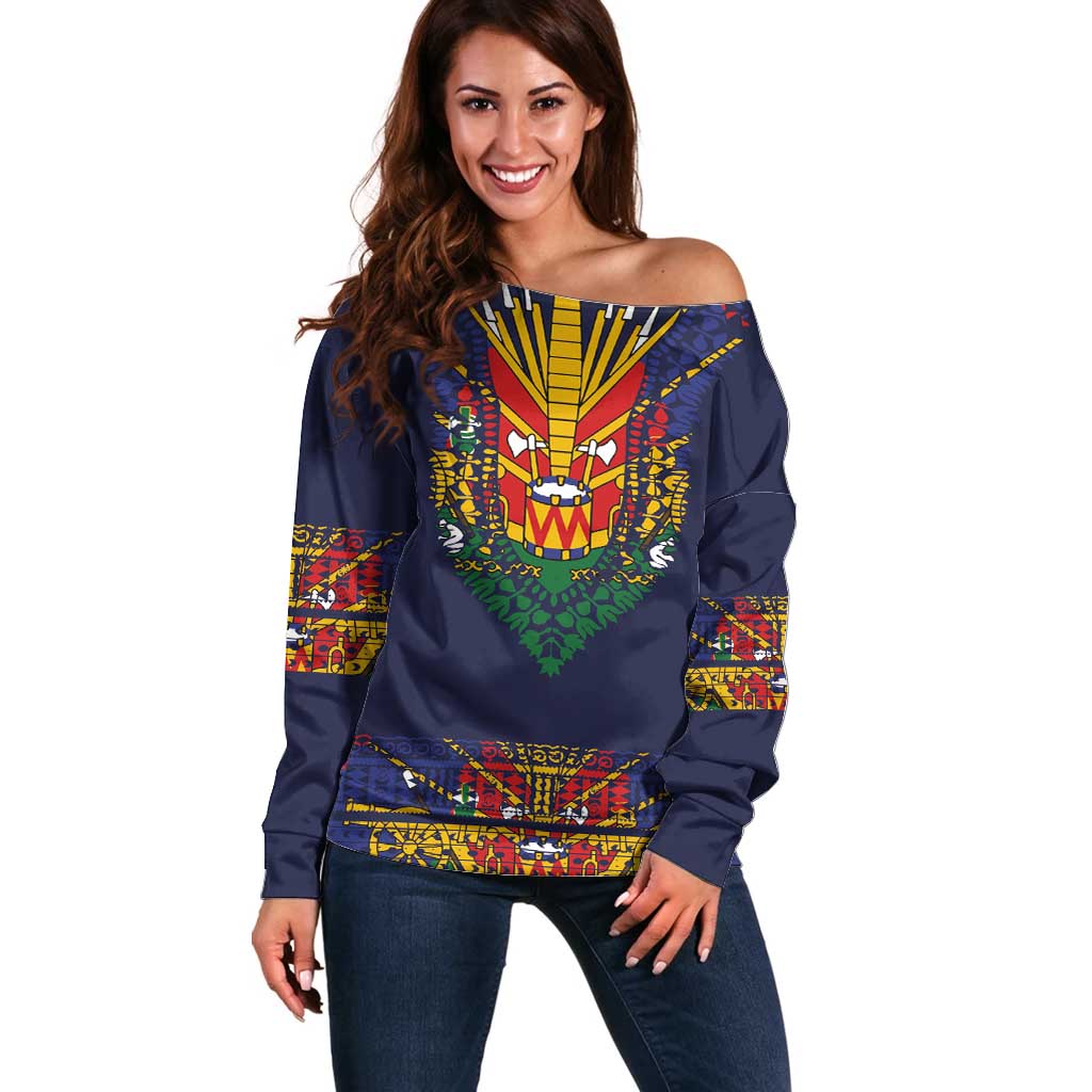 Haiti Flag Traditional Dashiki Off Shoulder Sweater Black Color - Polynesian Pride