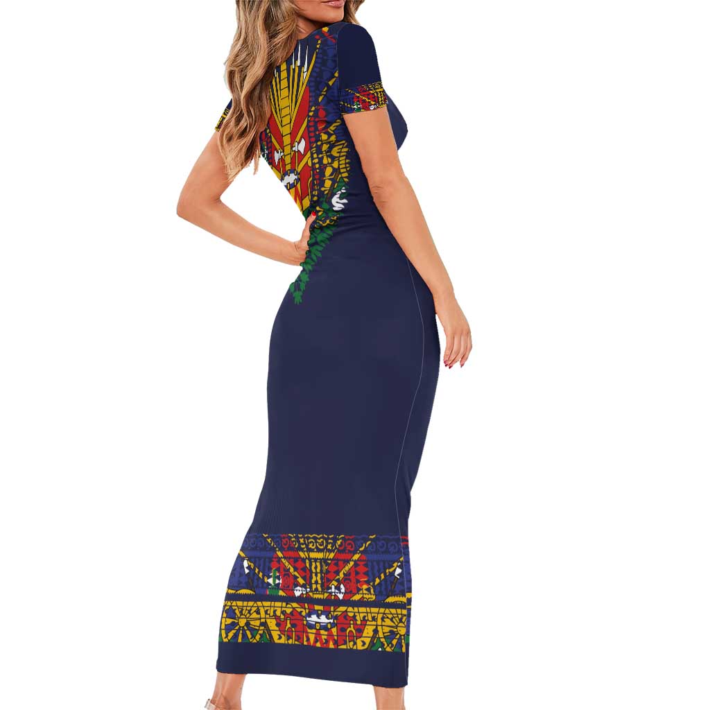 Haiti Flag Traditional Dashiki Short Sleeve Bodycon Dress Black Color - Polynesian Pride