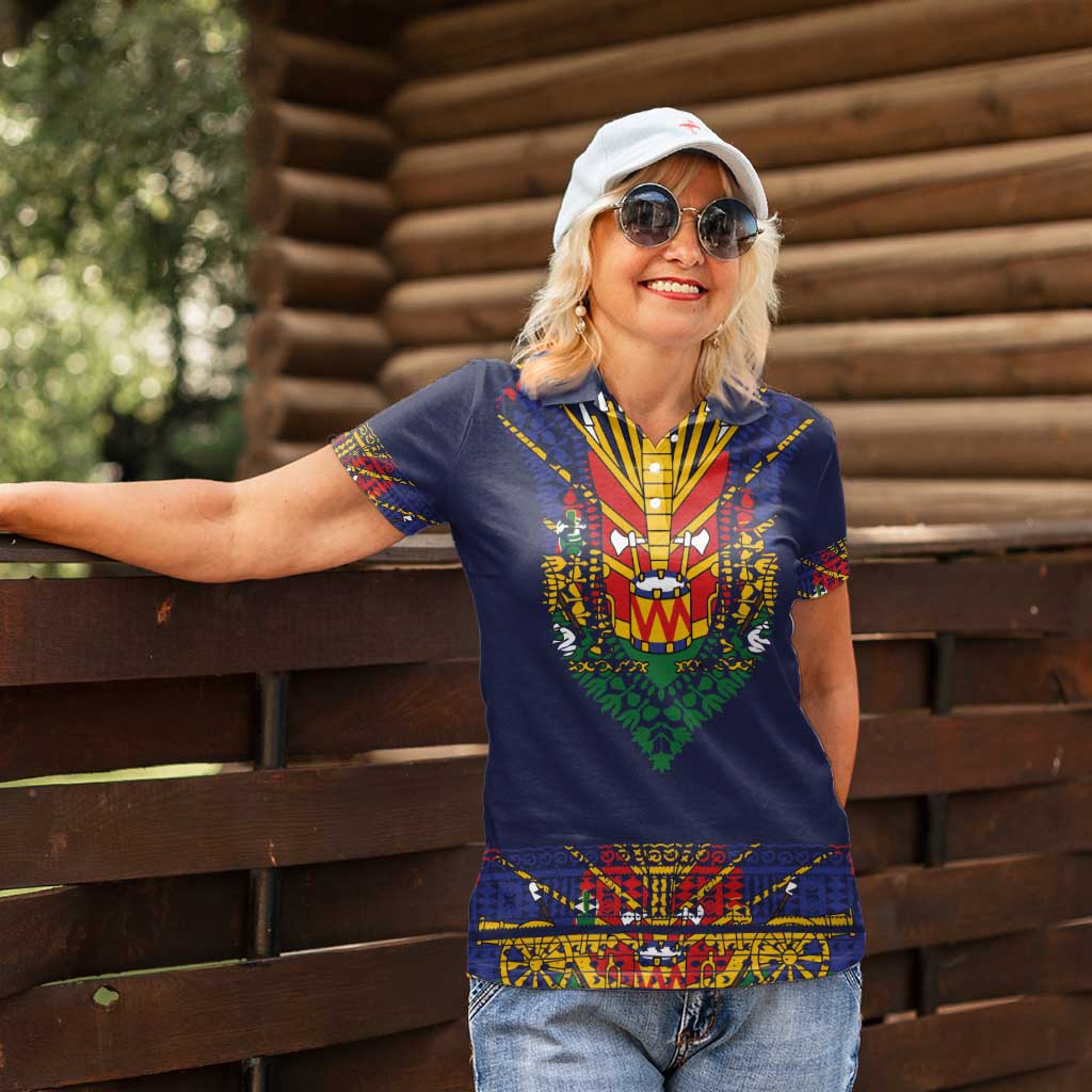Haiti Flag Traditional Dashiki Women Polo Shirt Black Color LT03 - Polynesian Pride