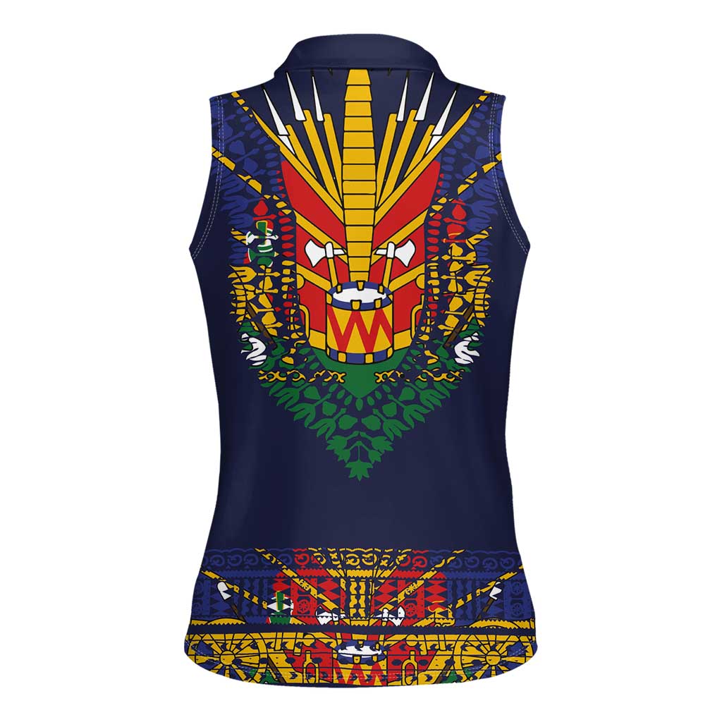 Haiti Flag Traditional Dashiki Women Sleeveless Polo Shirt Black Color - Polynesian Pride