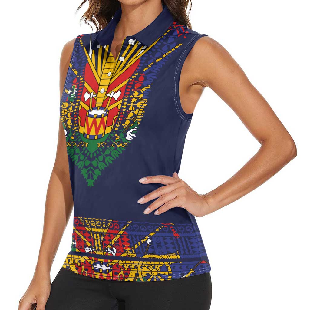 Haiti Flag Traditional Dashiki Women Sleeveless Polo Shirt Black Color - Polynesian Pride