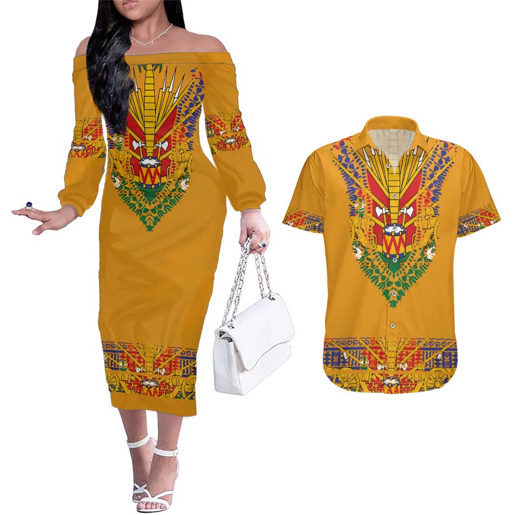 Haiti Flag Traditional Dashiki Couples Matching Off The Shoulder Long Sleeve Dress and Hawaiian Shirt Yellow Color - Polynesian Pride