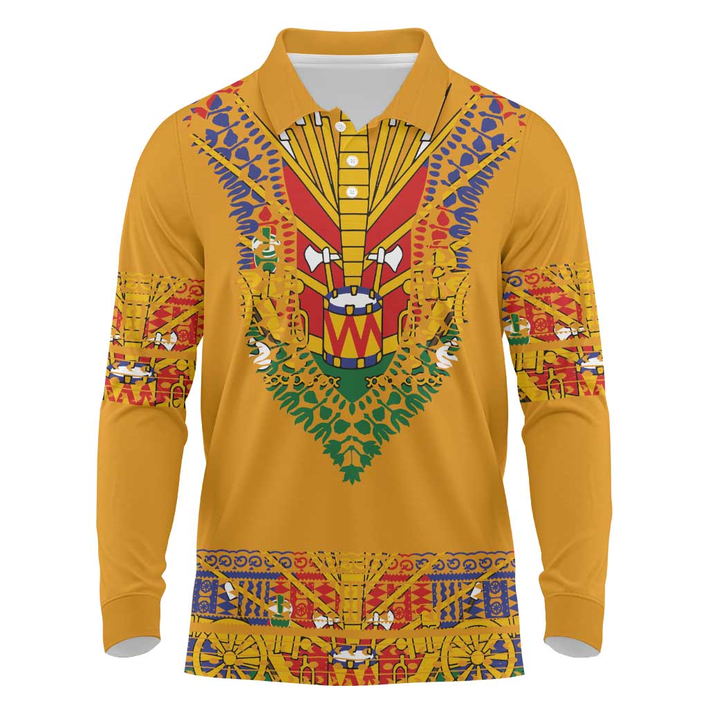 Haiti Flag Traditional Dashiki Long Sleeve Polo Shirt Yellow Color - Polynesian Pride