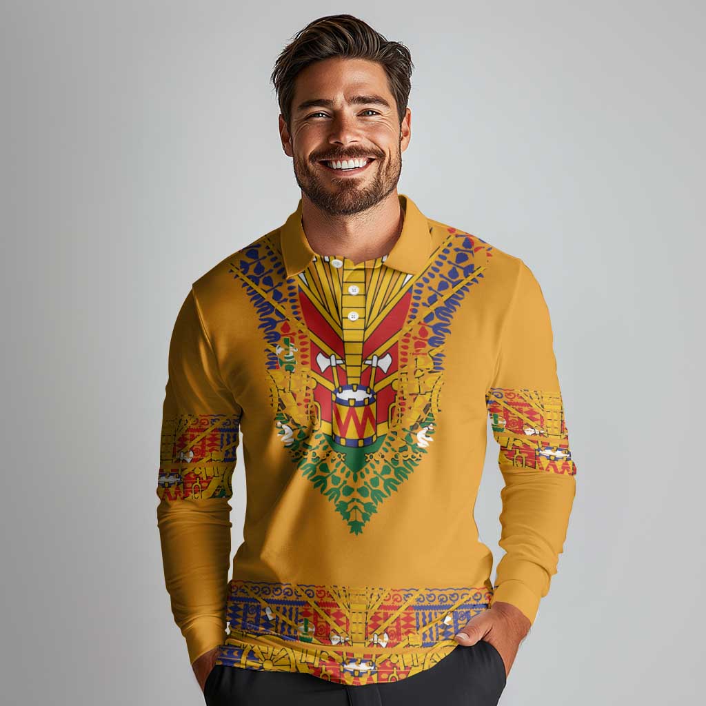 Haiti Flag Traditional Dashiki Long Sleeve Polo Shirt Yellow Color - Polynesian Pride
