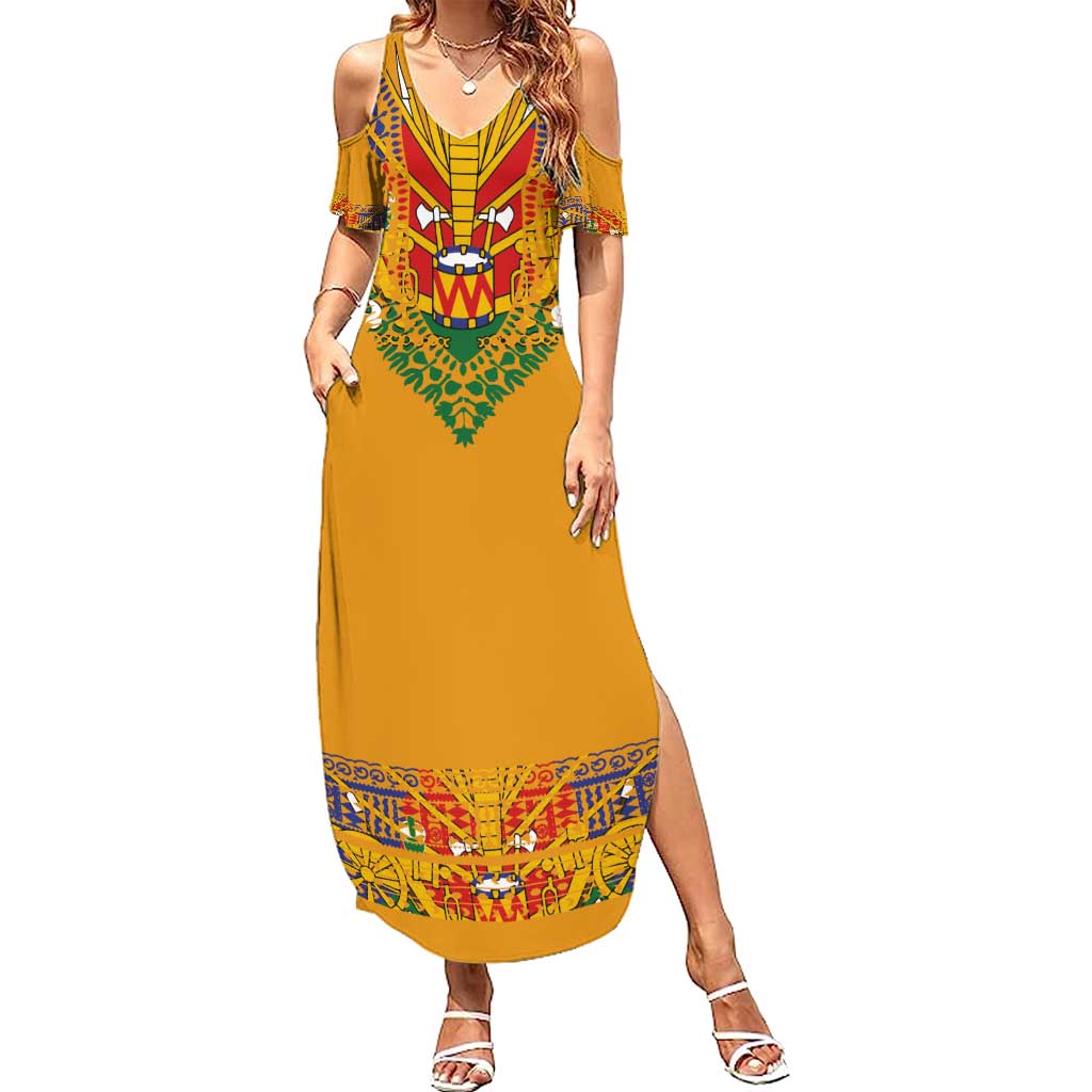 Haiti Flag Traditional Dashiki Summer Maxi Dress Yellow Color - Polynesian Pride