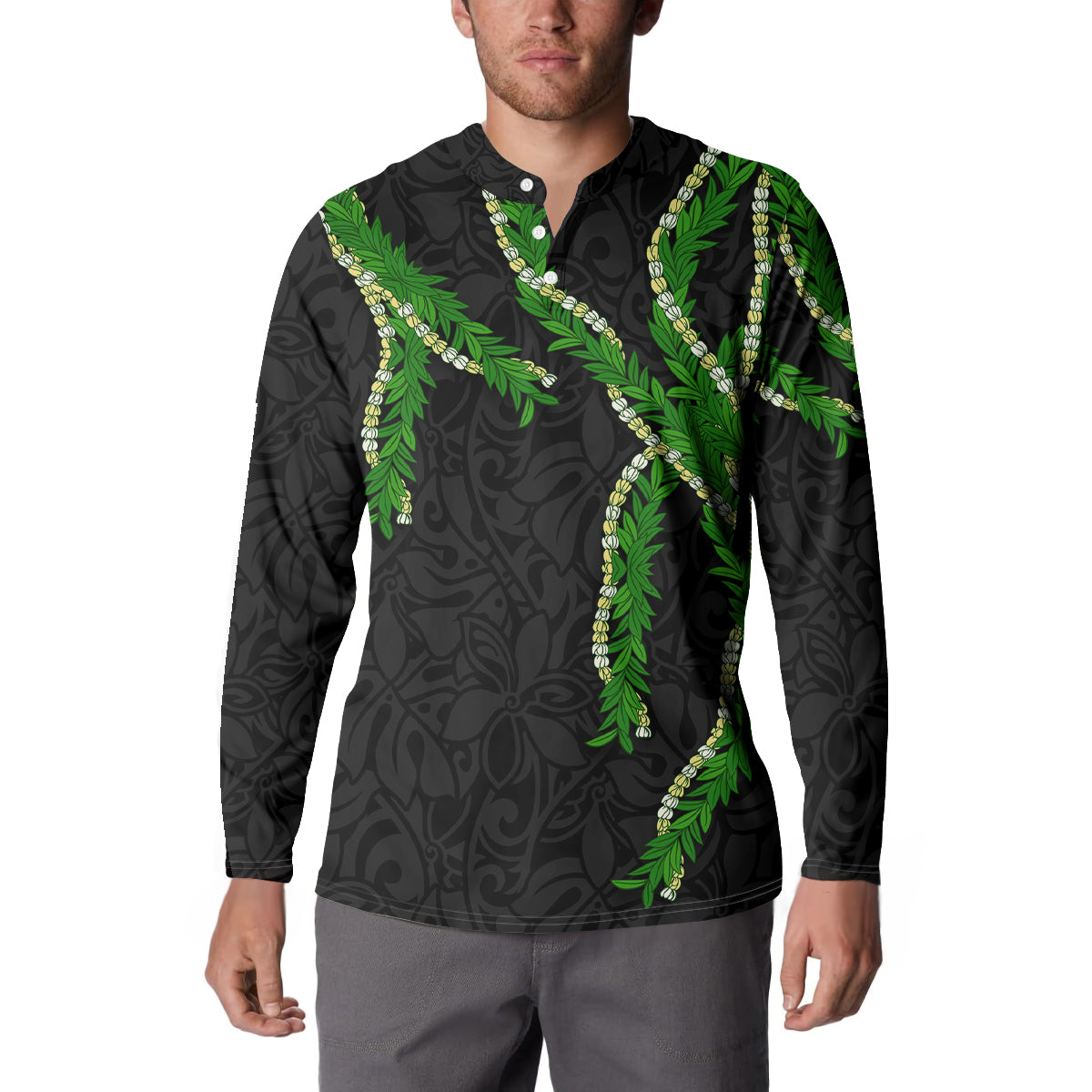 Hawaii Maile Lei Button Sweatshirt Aloha Black Color