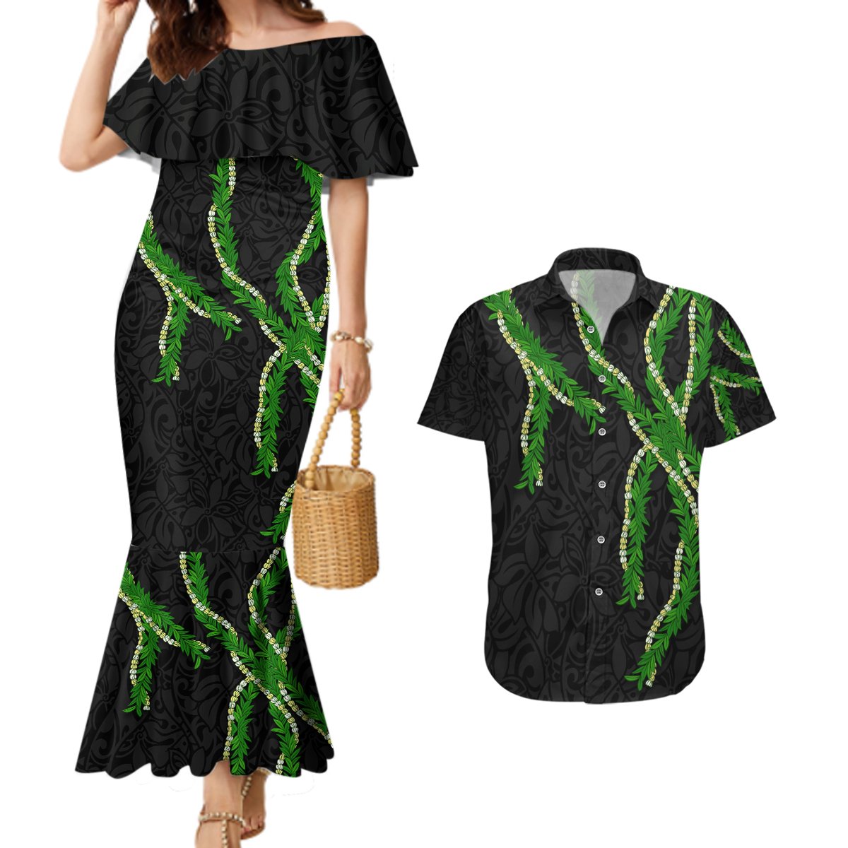 Hawaii Maile Lei Couples Matching Mermaid Dress and Hawaiian Shirt Aloha Black Color