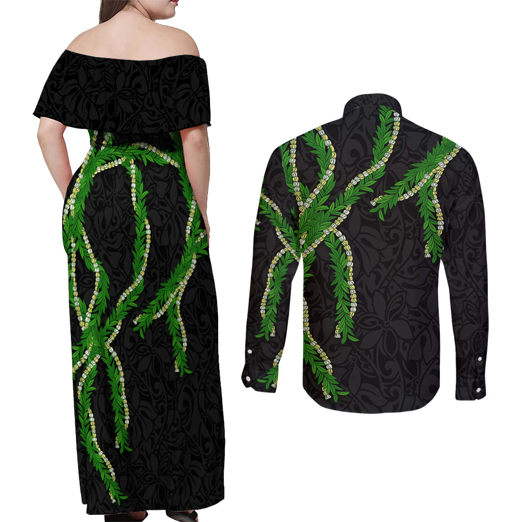 Hawaii Maile Lei Couples Matching Off Shoulder Maxi Dress and Long Sleeve Button Shirt Aloha Black Color