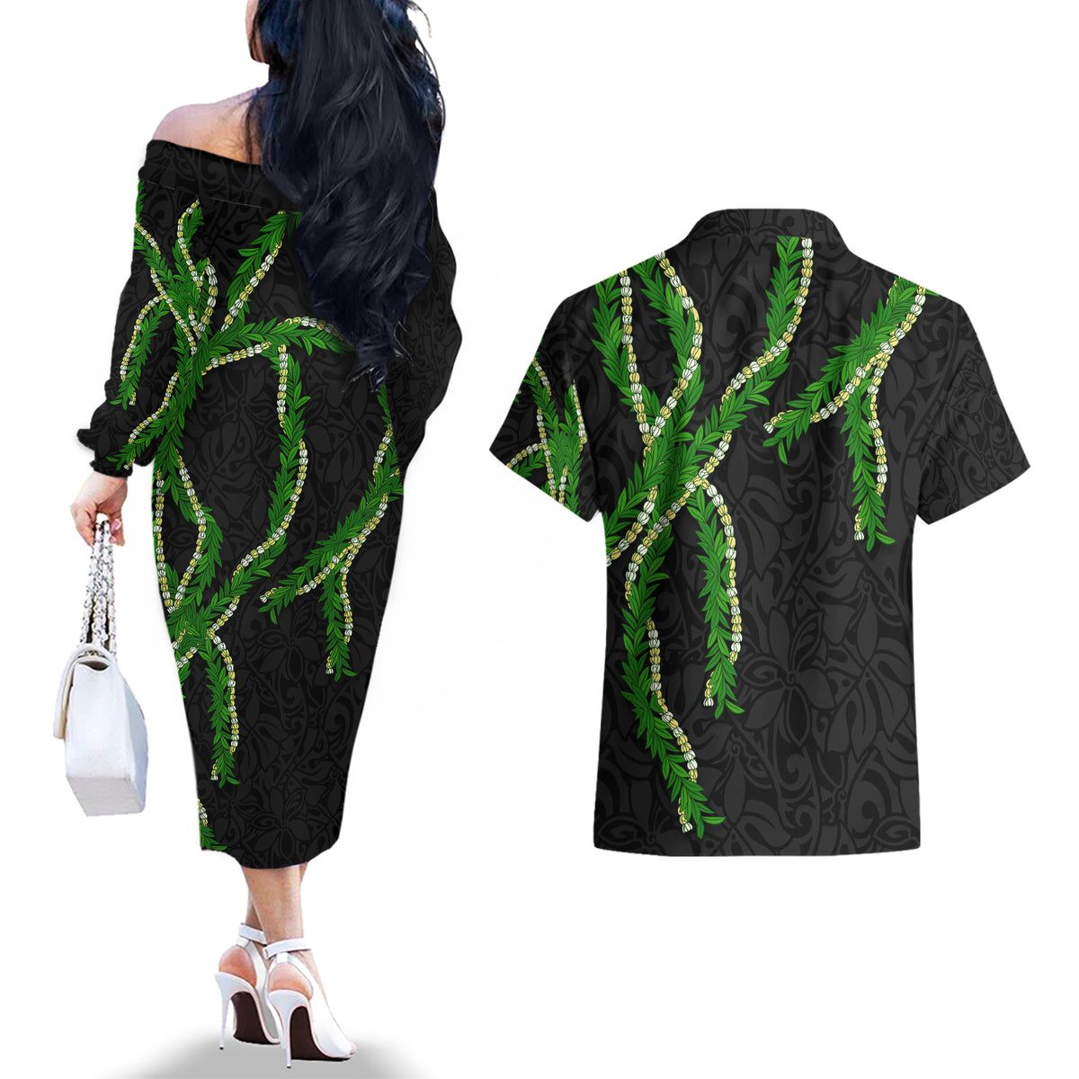 Hawaii Maile Lei Couples Matching Off The Shoulder Long Sleeve Dress and Hawaiian Shirt Aloha Black Color