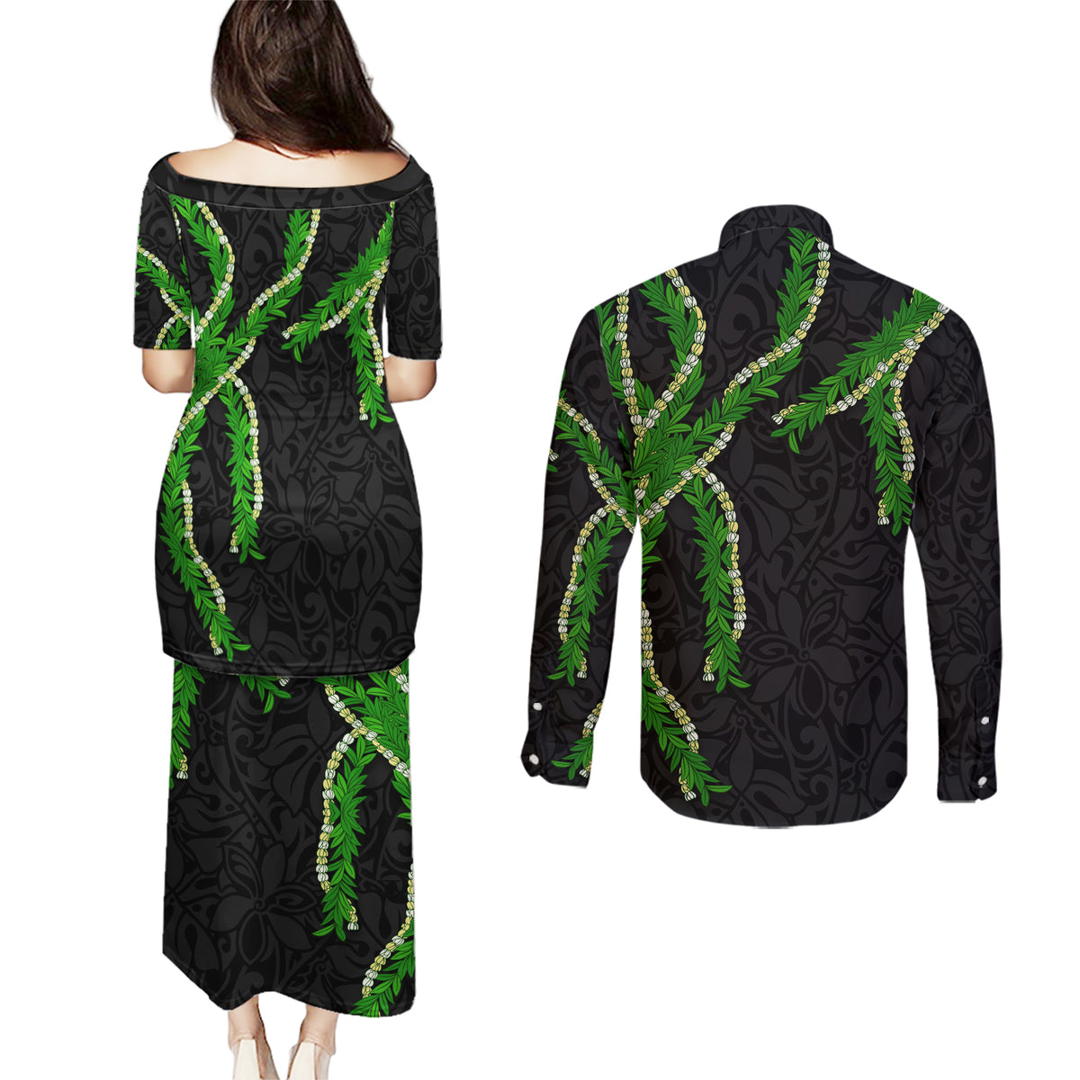 Hawaii Maile Lei Couples Matching Puletasi and Long Sleeve Button Shirt Aloha Black Color