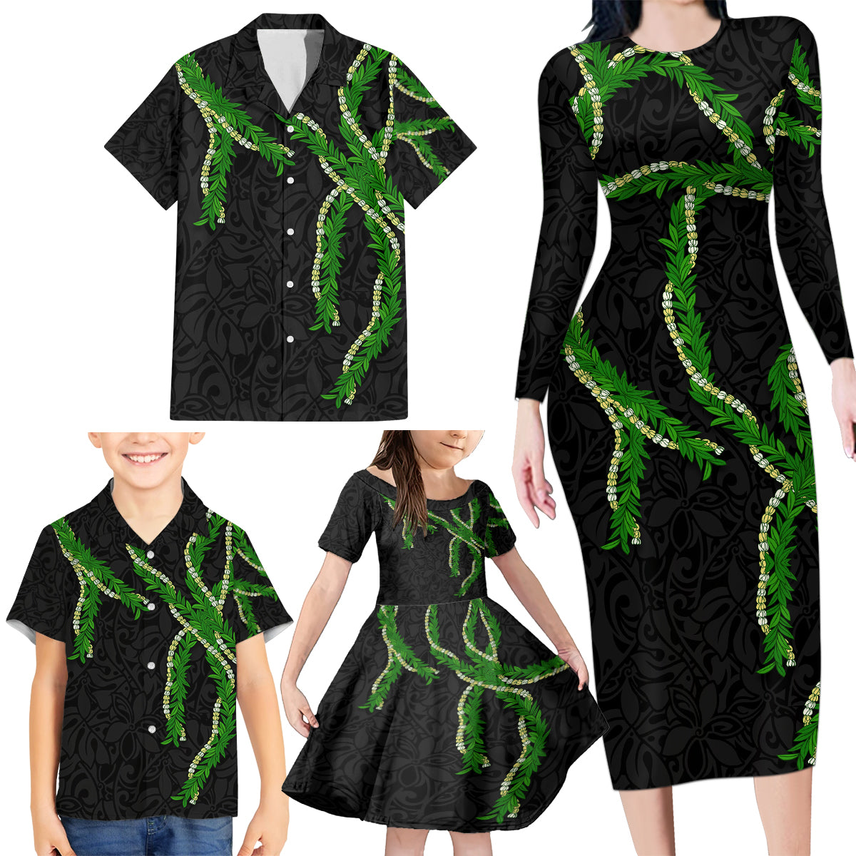 Hawaii Maile Lei Family Matching Long Sleeve Bodycon Dress and Hawaiian Shirt Aloha Black Color LT03 - Polynesian Pride