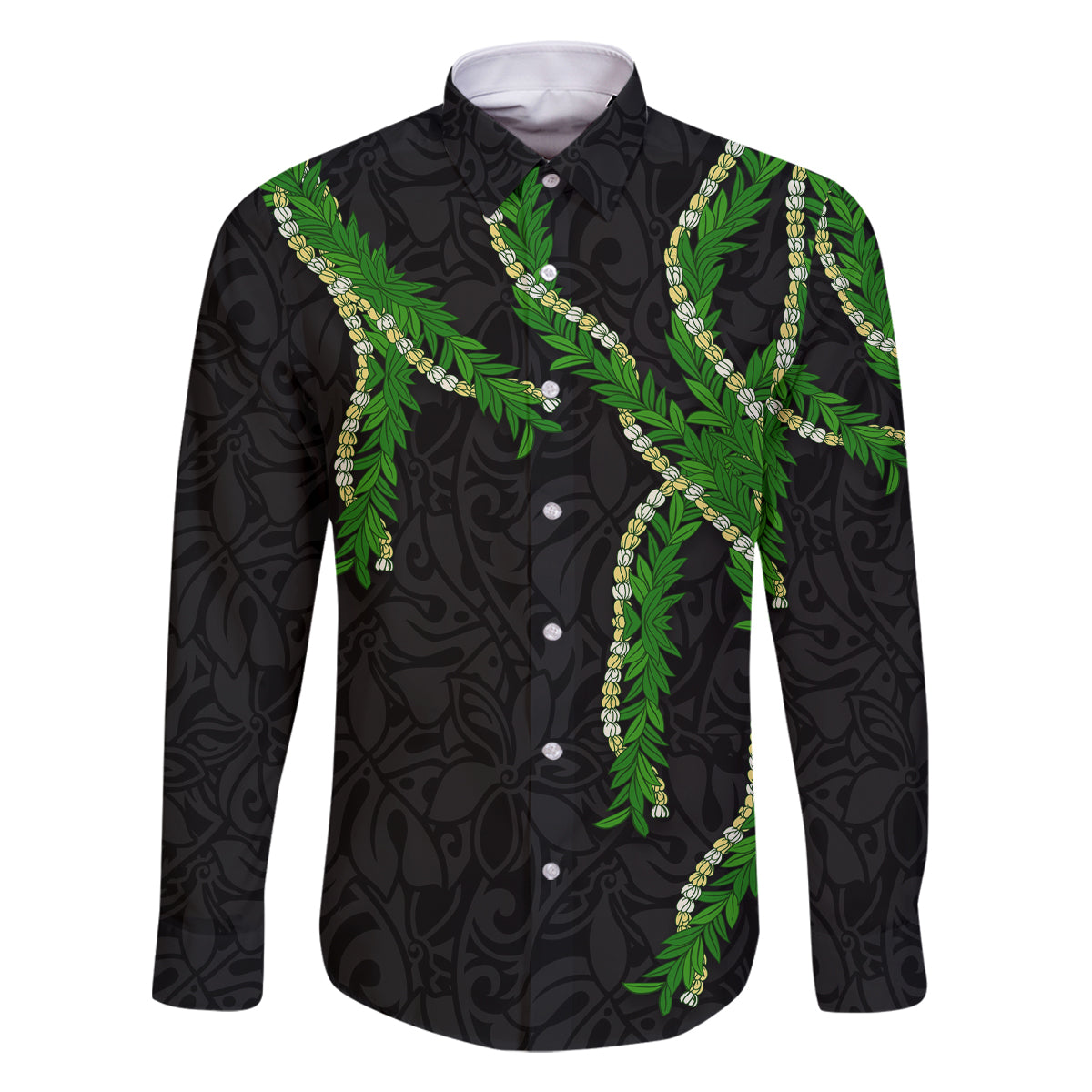 Hawaii Maile Lei Family Matching Long Sleeve Bodycon Dress and Hawaiian Shirt Aloha Black Color LT03 Dad's Shirt - Long Sleeve Black - Polynesian Pride