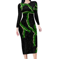 Hawaii Maile Lei Family Matching Long Sleeve Bodycon Dress and Hawaiian Shirt Aloha Black Color LT03 Mom's Dress Black - Polynesian Pride