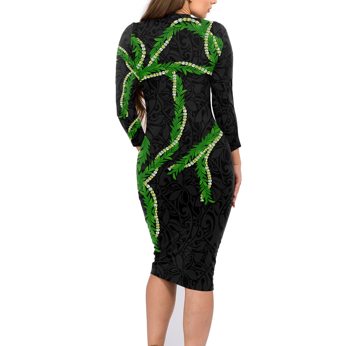 Hawaii Maile Lei Family Matching Long Sleeve Bodycon Dress and Hawaiian Shirt Aloha Black Color LT03 - Polynesian Pride