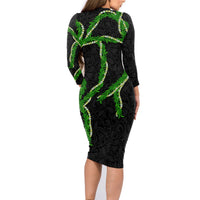Hawaii Maile Lei Family Matching Long Sleeve Bodycon Dress and Hawaiian Shirt Aloha Black Color LT03 - Polynesian Pride