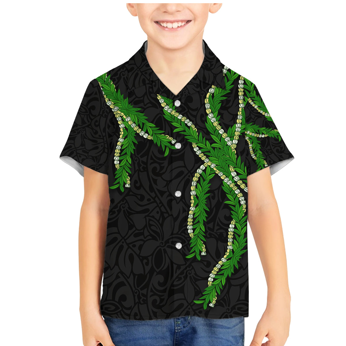 Hawaii Maile Lei Family Matching Mermaid Dress and Hawaiian Shirt Aloha Black Color LT03 Son's Shirt Black - Polynesian Pride
